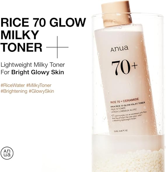 ANUA Rice 70 Glow Milky Toner, for Glass Skin, Rice Water, Niacinamide, Ceramides, Panthenol, Fragrance-Free, Non comedogenic, Fungal Acne Safe, Korean Skin Care, 250ml/8.45fl.oz.